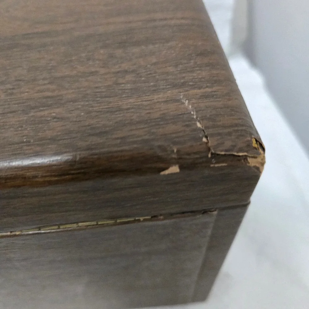 Vintage Large Jewelry Box Chest Faux Wood Grain Green Velvet Lining 3-Tier